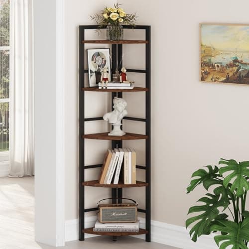 BON AUGURE Rustic Oak 5 Tier Industrial Corner Bookshelf