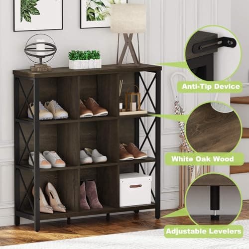 FATORRI 9 Cube Storage Bookshelf, Walnut Brown, Modern 4-Shelf Home Office