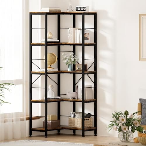 Rustic Brown 5-Tier Industrial L-Shaped Corner Bookshelf, 70.86" Tall