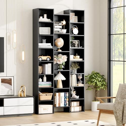 Fotosok 71" Tall Black Bookshelf, 8 Tier Media Storage Rack, Adjustable Shelves, Home Office Organizer