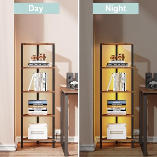 TUTOTAK Rustic Brown 5-Tier LED Corner Shelf for Small Spaces