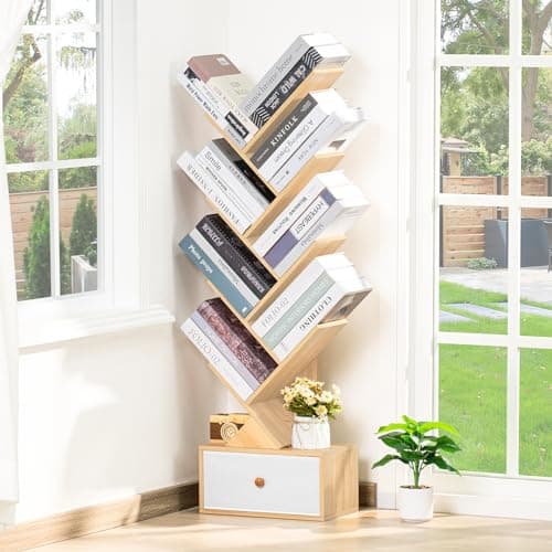 Natural 8-Tier Standing Wood Bookshelf with Drawer for Narrow Spaces