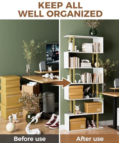 Gadroad 6-Tier Geometric Wood Bookcase, Tall Freestanding Shelf for Living Room or Bedroom