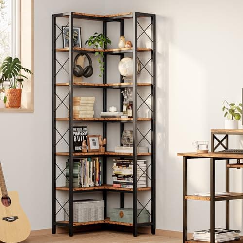 Industrial 7-Tier Corner Bookshelf with Metal Frame for Home or Office