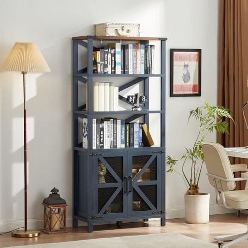 Navy Blue 5 Tier 70" Tall Barn Door Bookshelf for Living Room and Kitchen