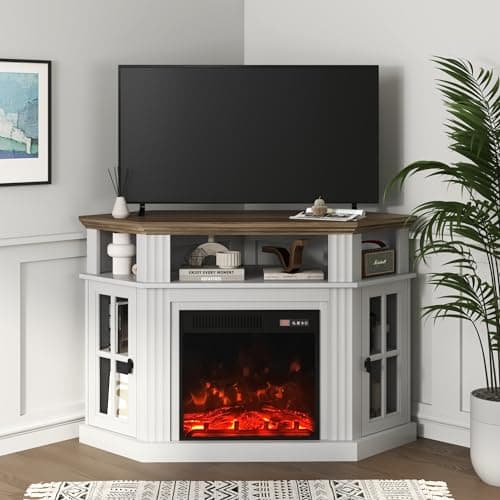 Corner Fireplace TV Stand for TVs up to 55 with Storage Cabinets, Entertainment Center, White＆Rustic Design