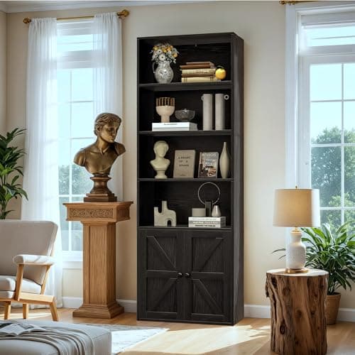 Furniwell Black Industrial Bookshelf with Doors for Home Office and Bedroom