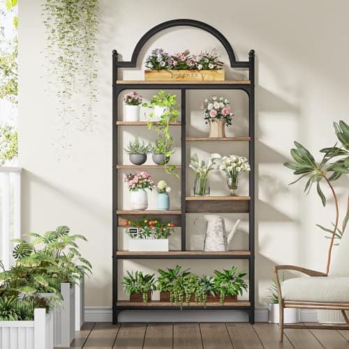8-Tier Industrial Arched Bookshelf, 71 Inch Tall, Rustic Brown, Ideal for Living Room, Bedroom, and Home Office