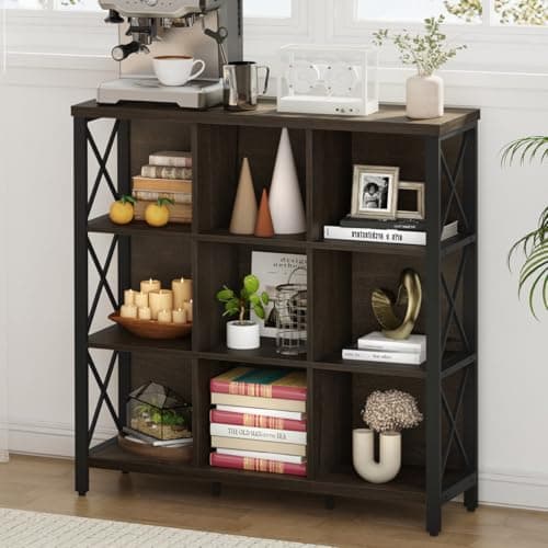 FATORRI 9 Cube Storage Bookshelf, Walnut Brown, Modern 4-Shelf Home Office