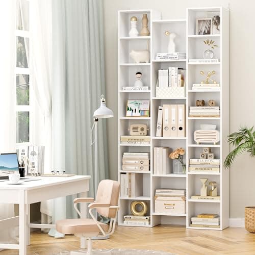 Fotosok 71” Tall Triple Wide White Bookshelf, 8 Tier Storage Tower, Home Office Display Cabinet