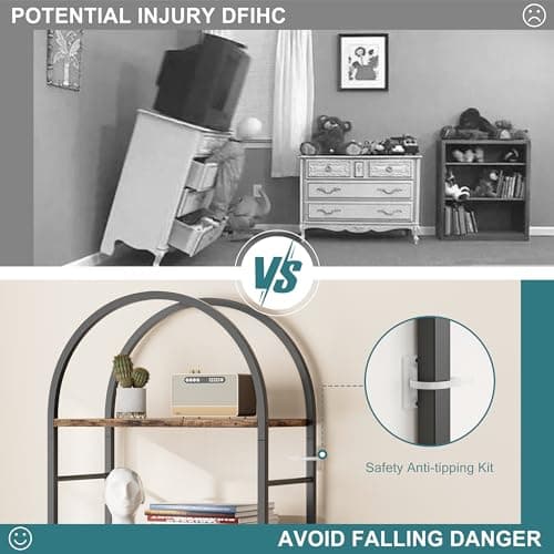 Shintenchi Arched 5-Tier Bookshelf, Tall Rustic Brown for Home Office or Bedroom