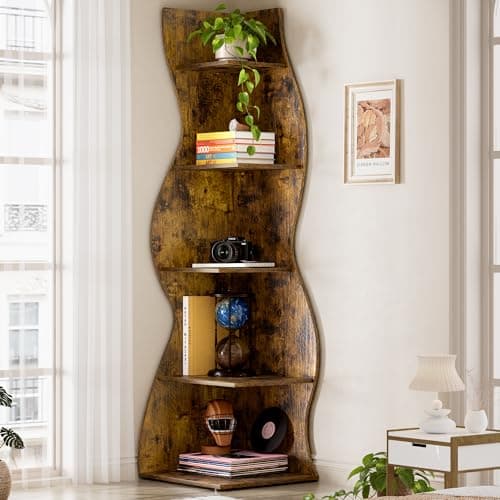70 Inch 5 Tier White Corner Bookshelf Stand with Storage