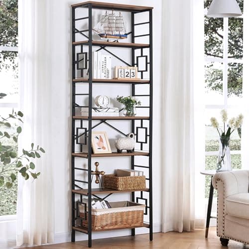 Industrial 7-Tier Tall Bookshelf with Metal Frame, Open Shelves, Rustic Brown Finish for Office, Living Room, Bedroom - 84 Inch
