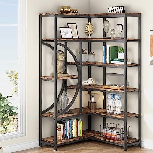 6-Tier Industrial Corner Bookshelf with Metal Frame, Rustic Brown