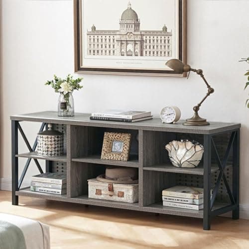 Rustic Entertainment Center for 65 Inch TV, Industrial Wood TV Stand with Media Cabinet Storage, Farmhouse Metal Television Stand, Light Grey Oak, 55 Inch