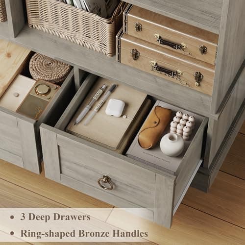 HOSTACK Farmhouse 47" Wide Bookcase with Drawers & 5 Tier Shelves, 63" Tall Storage UnitAsh Grey