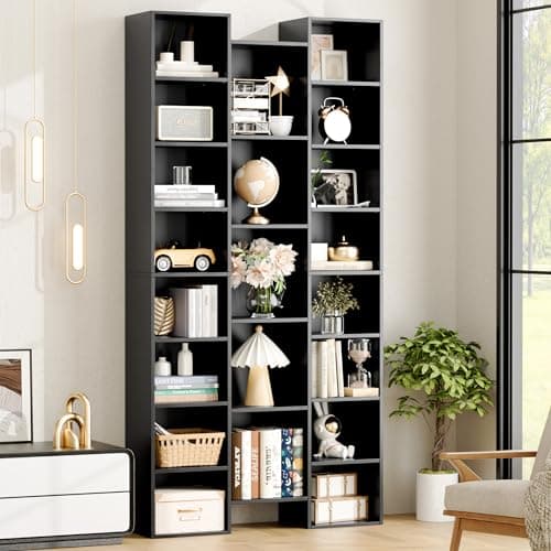 Fotosok 71" Tall Black Bookshelf, 8 Tier Media Storage Rack, Adjustable Shelves, Home Office Organizer