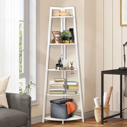 70" Tall Rustic Brown 5 Tier Corner Shelf for Books, Plants, Storage