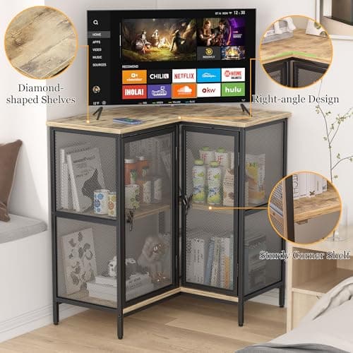 VECELO 40-Inch Corner TV Stand with Storage, Grey Farmhouse Entertainment Center for Living Room and Bedroom