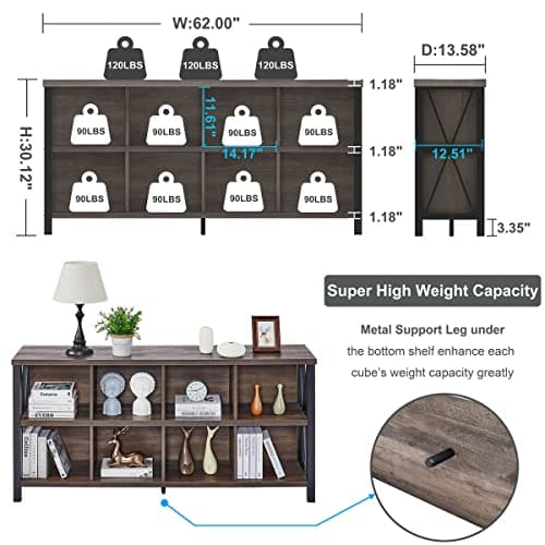 FATORRI 8-Cube Rustic Wood Bookshelf, Walnut Brown, 62 Inch Shelf