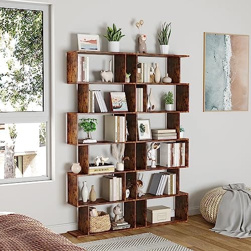 Yusong S-Shaped 6-Tier Geometric Bookcase, Modern Rustic Brown Tall Decor for Home Office & Bedroom