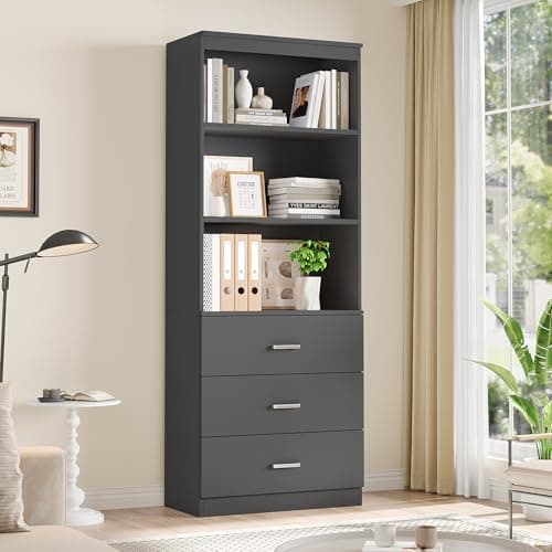 Fotosok 71" Tall Dark Grey Bookshelf with Drawers & 3-Tier Shelves for Home Office