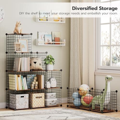 HOOBRO BF12CW01 12-Cube Metal Grid Storage Shelf, Rustic Brown and Black