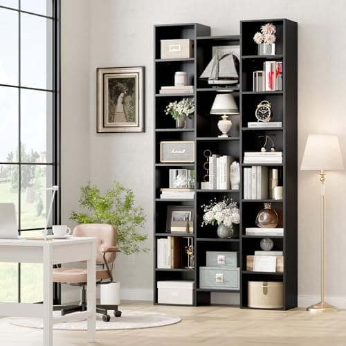 Fotosok 71" Tall Black Bookshelf, 8 Tier Media Storage Rack, Adjustable Shelves, Home Office Organizer