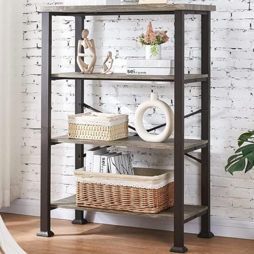HOMBAZAAR Grey Industrial 4 Tier Bookshelf, Engineered Wood & Metal Deep Bookcases