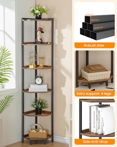 6-Tier Rustic Brown Corner Shelf Stand for Living Room, Home Office, Bedroom (CS06001B)