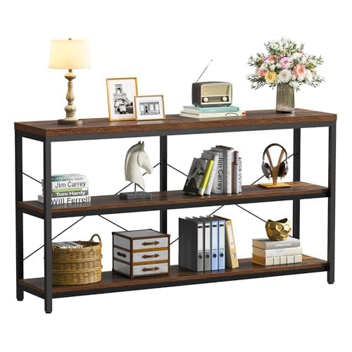 Semoic 3-Tier Industrial Wood Bookshelf, Brown Metal Frame, Living Room & Study Storage Organizer