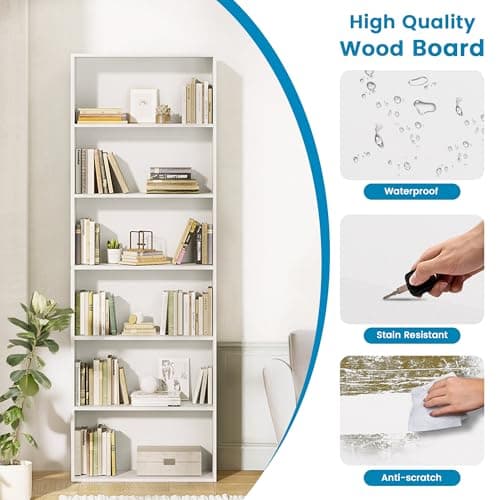 Tall 70.8" White Bookcase, 6-Tier Display Shelf for Living Room, Home Office