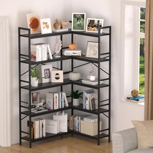 Black 5-Tier L-Shaped Corner Bookshelf with Open Storage