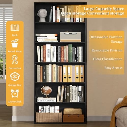 Shintenchi 6-Tier Black Floor Standing Bookcase, 70.6" Tall