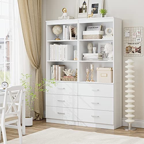 Fotosok 71" White Bookshelf with Drawers & 3-Tier Shelves for Home Office