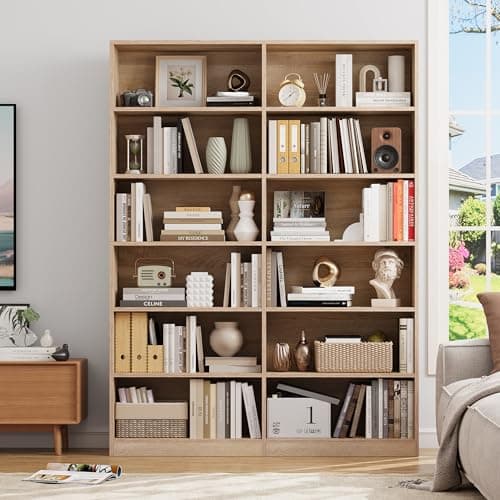 Double Wide 6-Tier Bookshelf, Tall Display Storage, Light Oak Home Decor