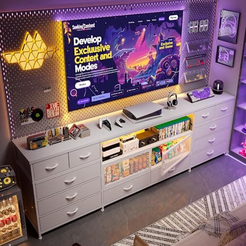 EnHomee 71" TV Stand for 85/80/75 Inch TVs with LED & Charging, Large White Console