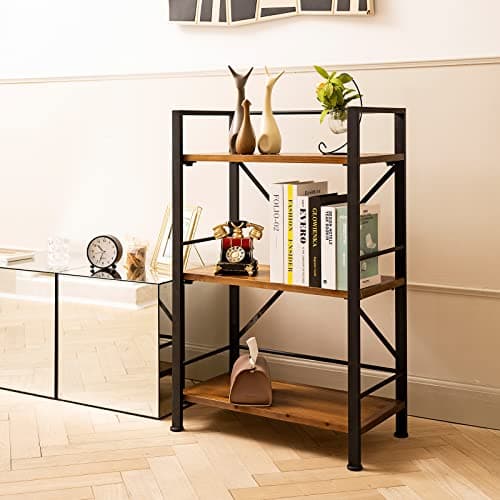 Crofy Rustic 3 Tier Wood Bookshelf, Black Storage Case
