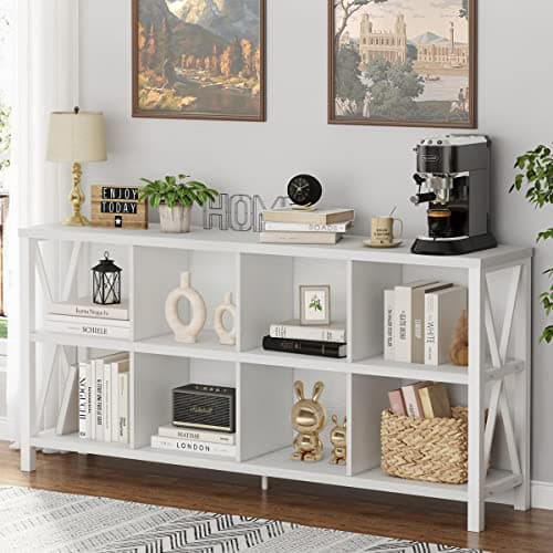 FATORRI 8-Cube Rustic Wood Bookshelf, Walnut Brown, 62 Inch Shelf