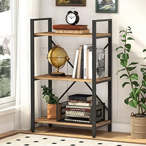 BON AUGURE Vintage Oak 3 Tier Bookshelf for Small Spaces