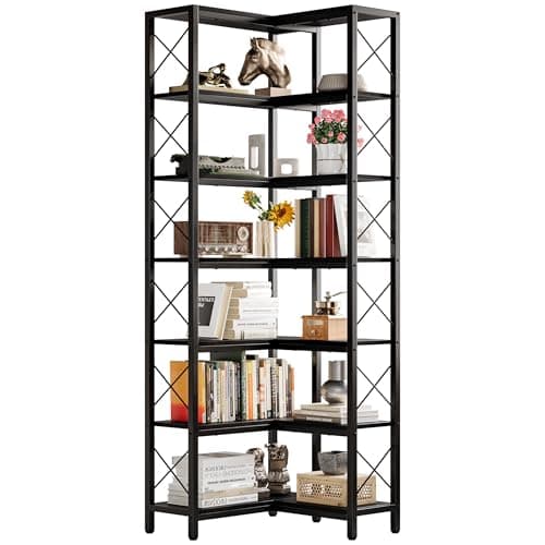 Industrial 7-Tier Corner Bookshelf with Metal Frame for Home or Office