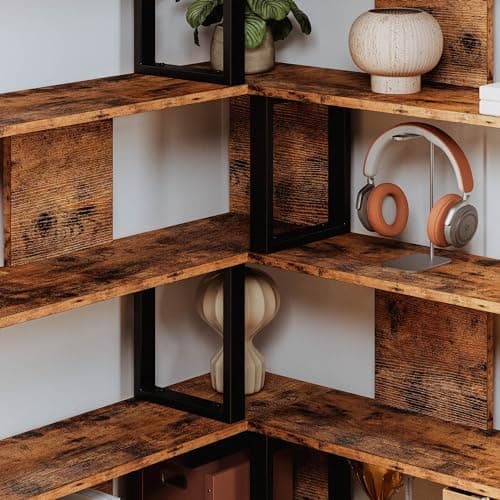 IRONCK 6-Tier Industrial Brown Corner Bookshelves for Home Office and Living Room
