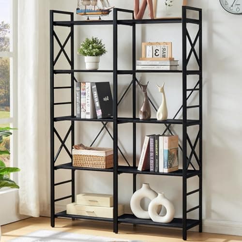 HOMBAZAAR Industrial Double Wide 5 Tier Black Bookshelf