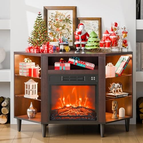 VEVOR Electric Fireplace TV Stand, Corner TV Stand for 50" TVs, Vintage Design, 20 LED Lights, Remote & Timer