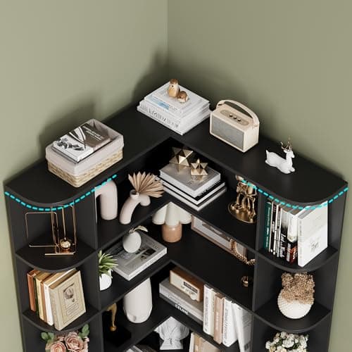 Fotosok 74" L-Shaped Tall Corner Bookshelf, 6-Tier Black Wood Storage