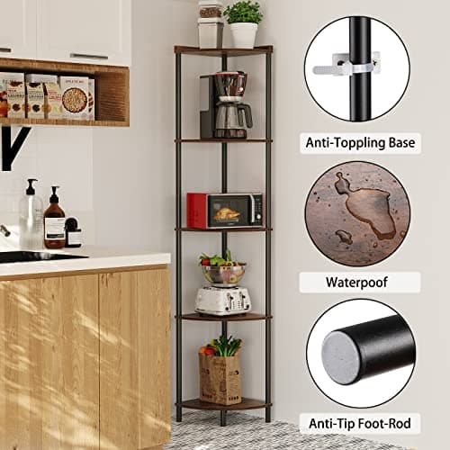 SUNMORY 5-Tier Corner Shelf Stand, Industrial 65" Living Room Display Organizer