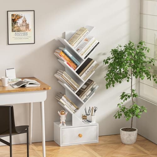 White 8-Tier Tree Bookshelf with Drawer, Free-Standing Wood Bookcase