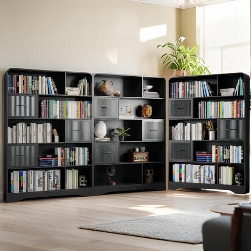 Tall Black 48" Modern 5-Tier Bookshelf with Drawers and StorageBins