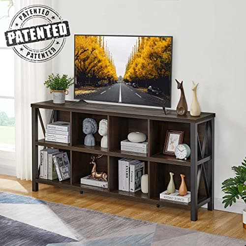 FATORRI 8-Cube Rustic Wood Bookshelf, Walnut Brown, 62 Inch Shelf