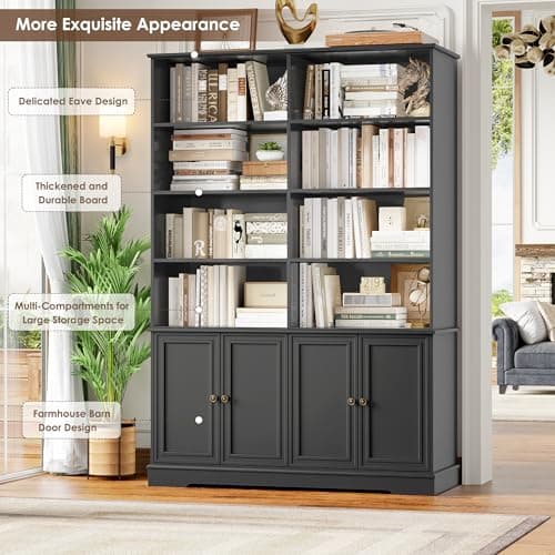 Finetones 73" Tall Black Bookshelf with Doors, 6-Tier Storage Large Bookcase